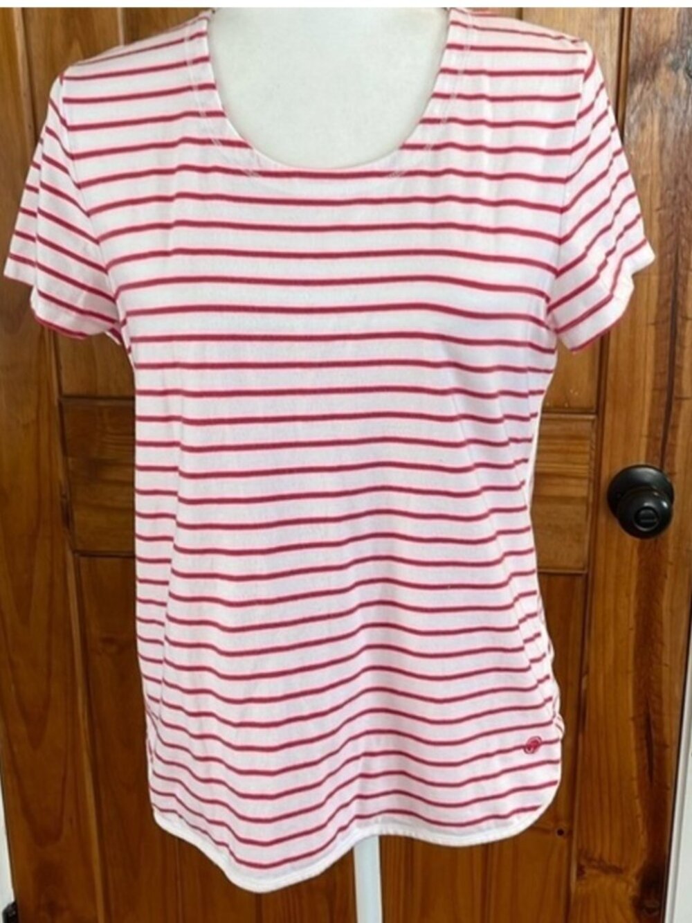 Red White Striped Short Sleeve Top Large Petite scoop neck